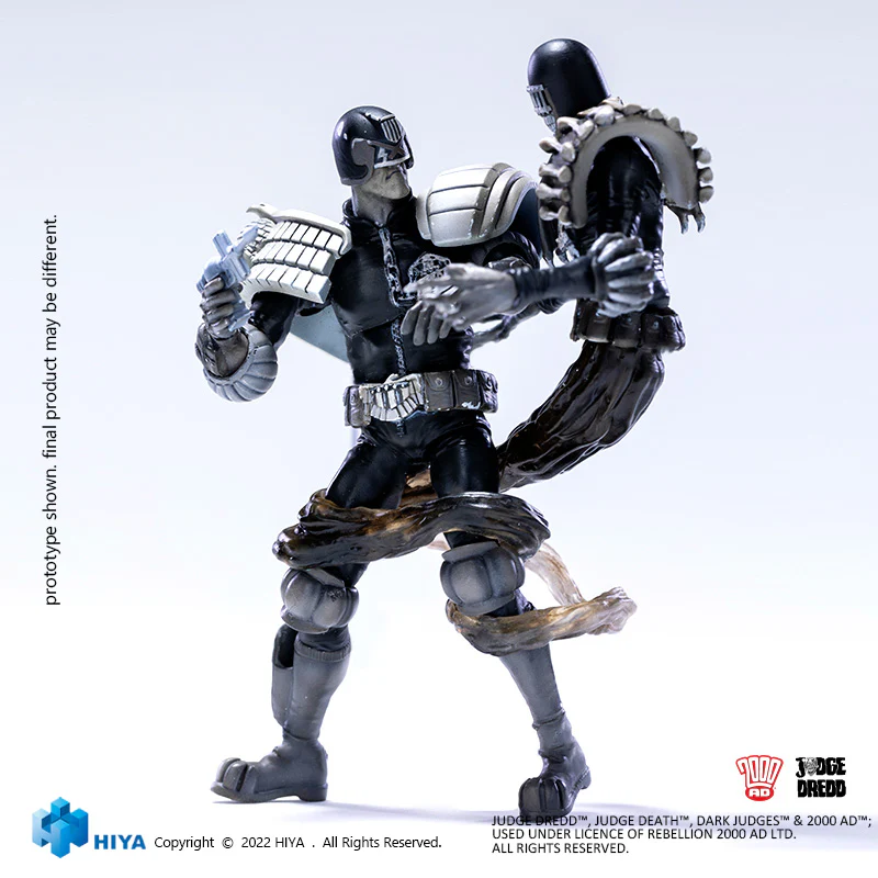 HIYA Exquisite Mini Series 1/18 Scale 4 Inch JUDGE DREDD SDCC Black and White Dredd VS Death Action Figure - Image 4